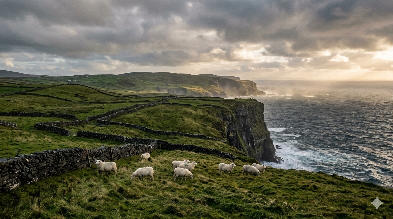 KI-generiertes Irland-Bild mit County Clare bei Golden Hour, Hasselblad-Qualität