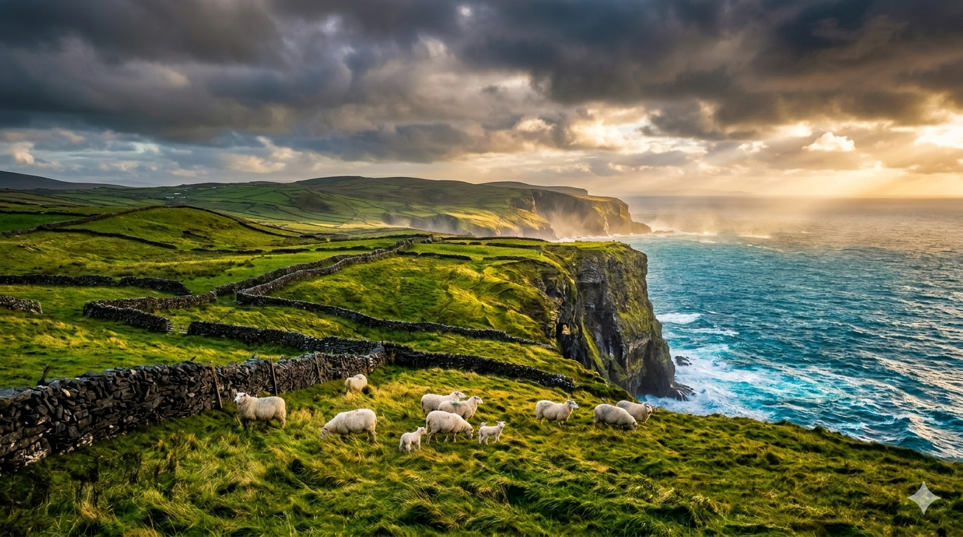 KI-generiertes Irland-Bild mit Schafen an der Küste bei schönem Licht